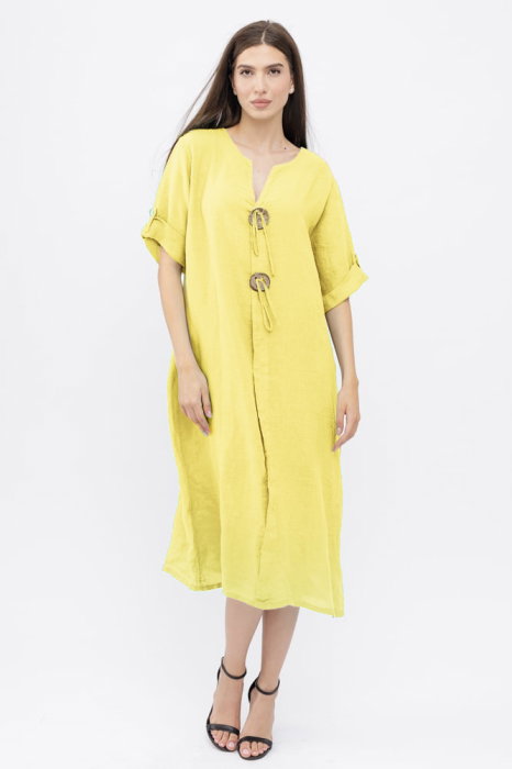 Rochie oversize din in, cu nasturi pe piept, galben pai