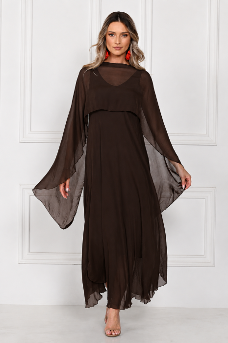 Capa dama din matase si vascoza tip kimono, croi fluid pentru layering, maro inchis
