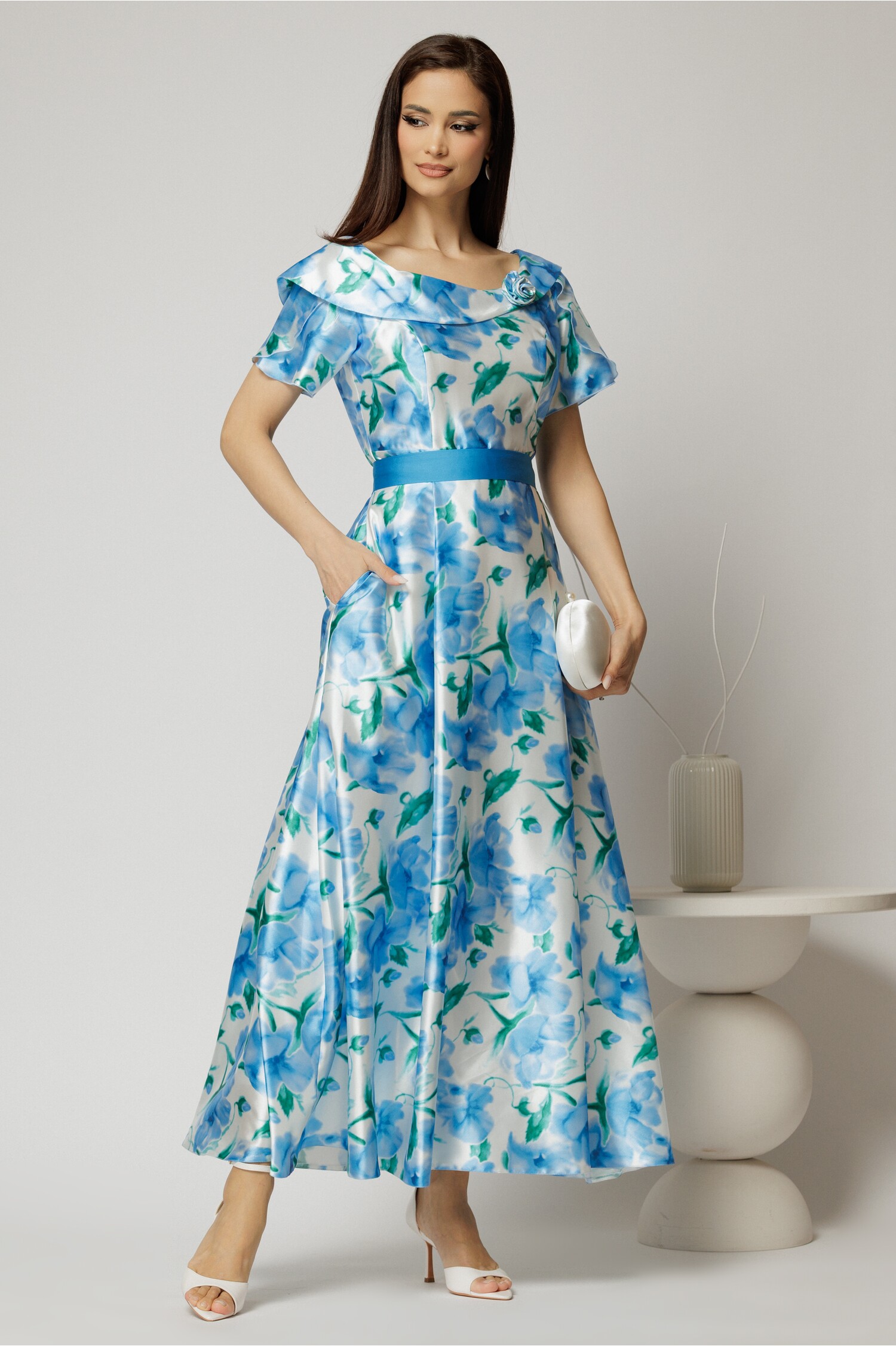 Rochie Lungă Ocazie Ivoar Imprimeuri Bleu Elegantă