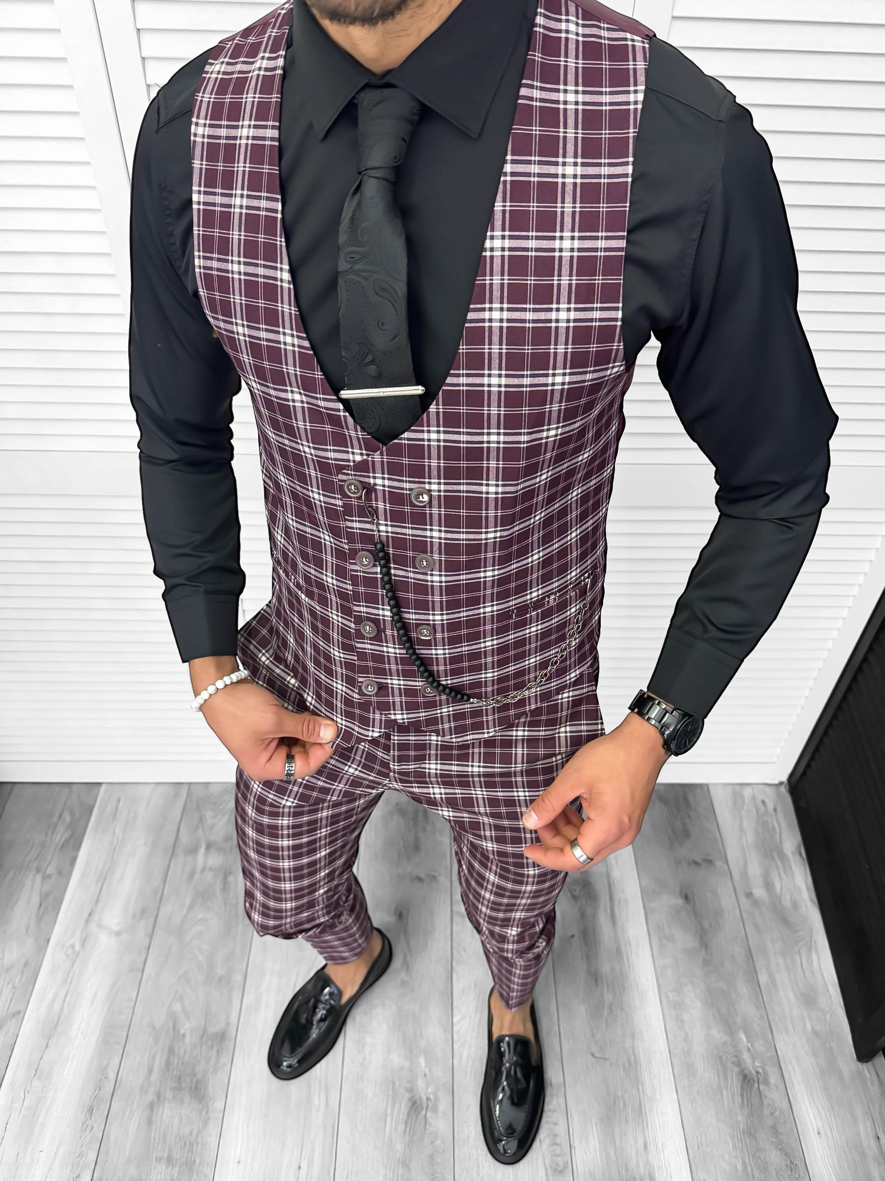 Compleu Barbati Elegant Vesta + Pantaloni cu Accesorii