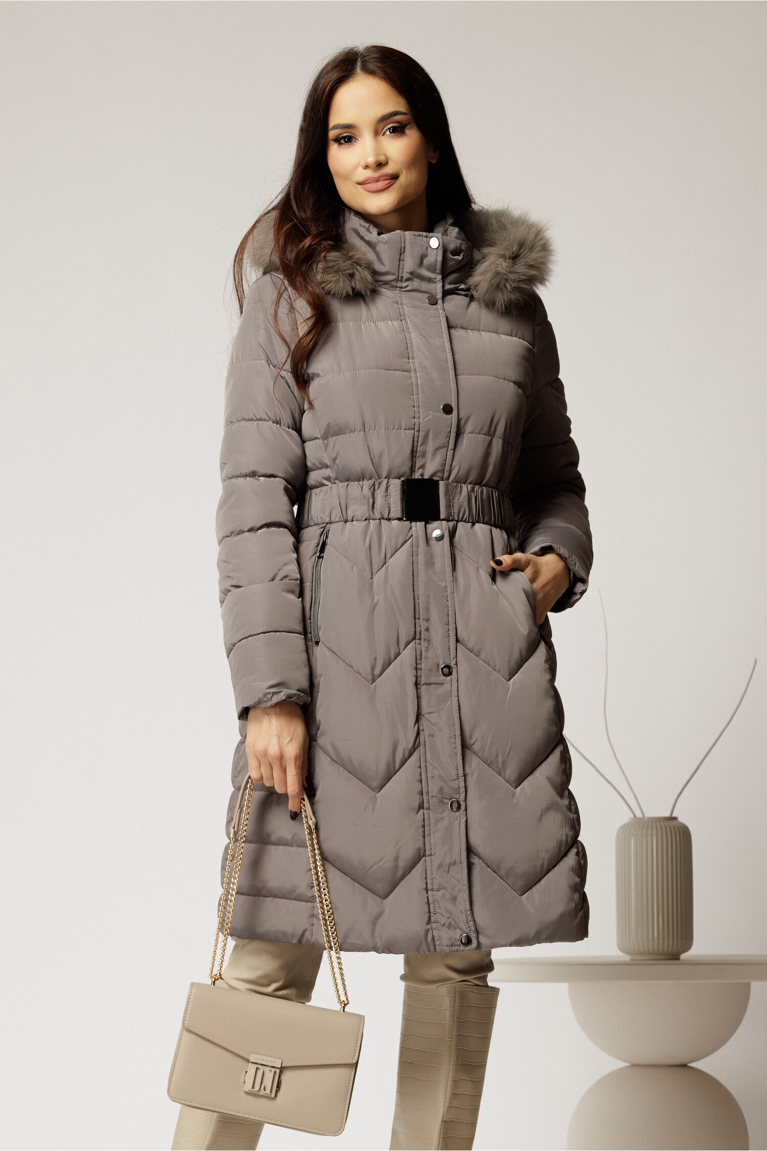 Geaca Dama Gri Eleganta cu Talie Marcata