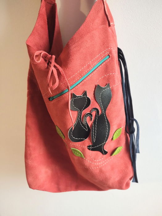 Geanta rosie piele Shopika - Design unic pisicute