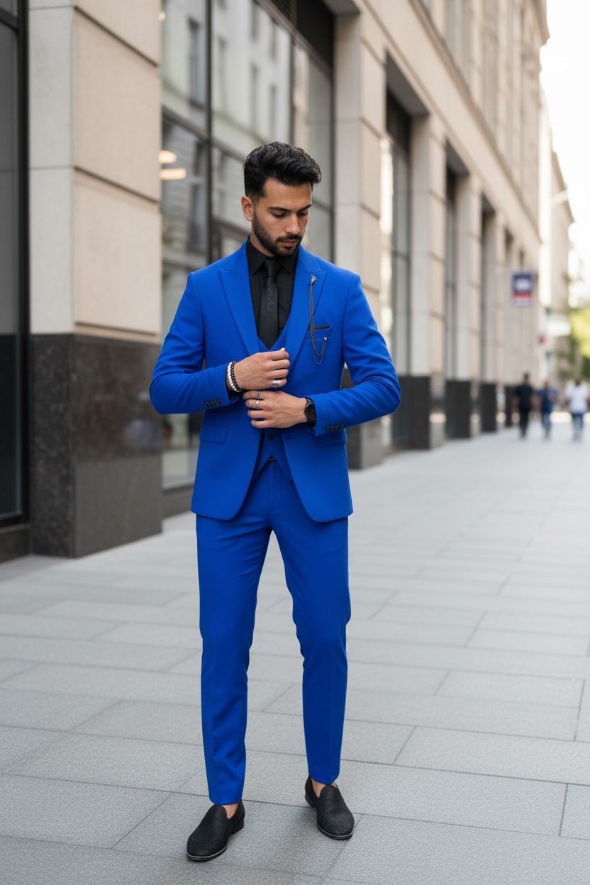 Costum Barbati Slim Fit Albastru 3 Piese Elegant - imagine 2