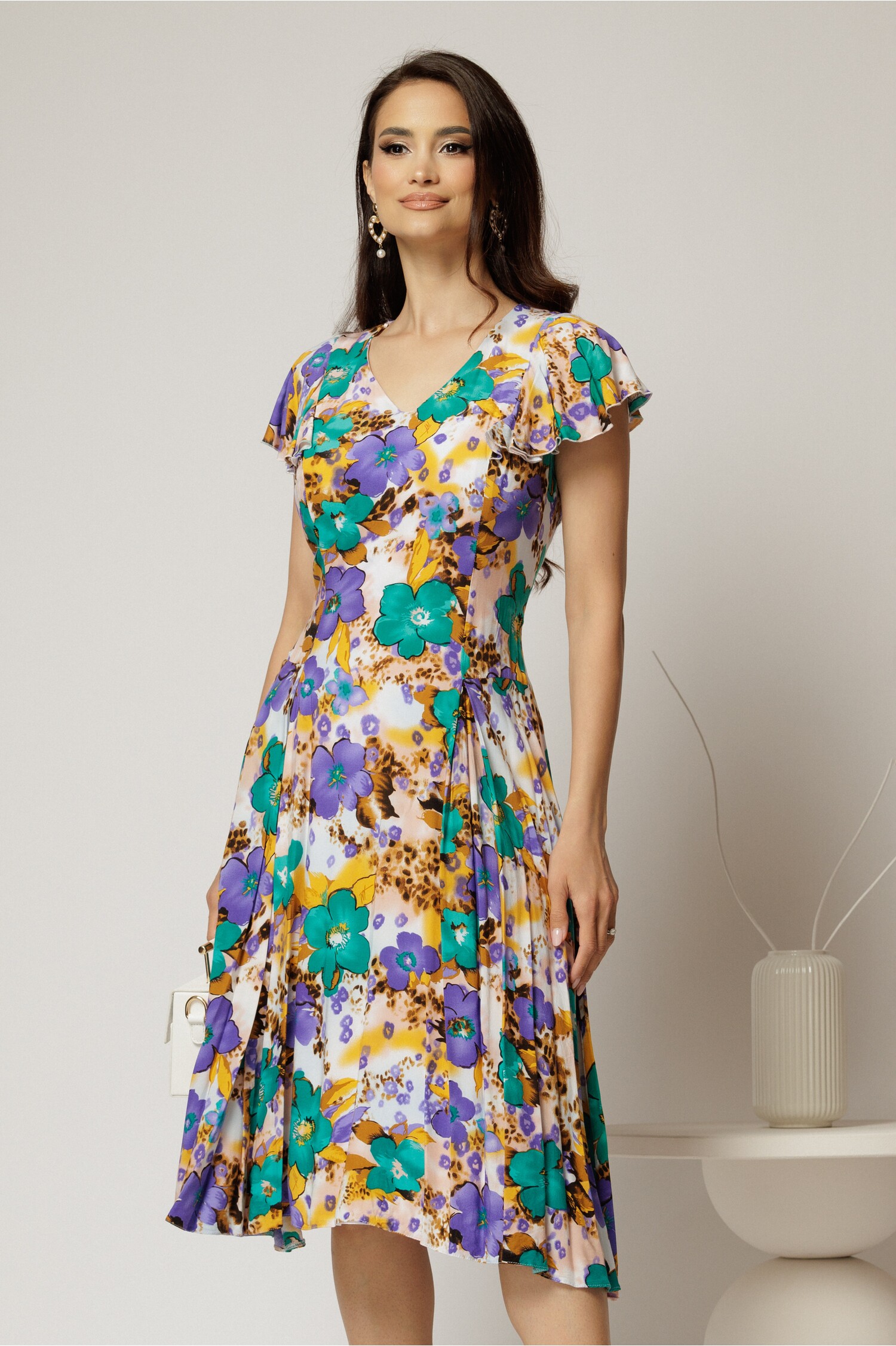 Rochie Midi Viscosă Imprimeu Floral Mov | Eleganță și Confort