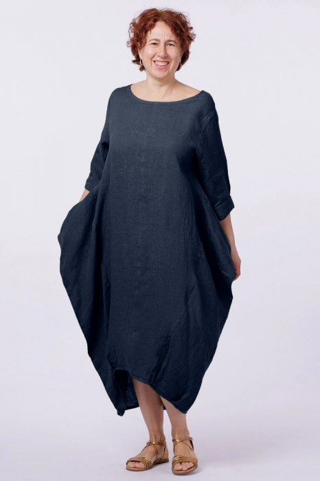 Rochie lalea in colturi, din in, bleumarin