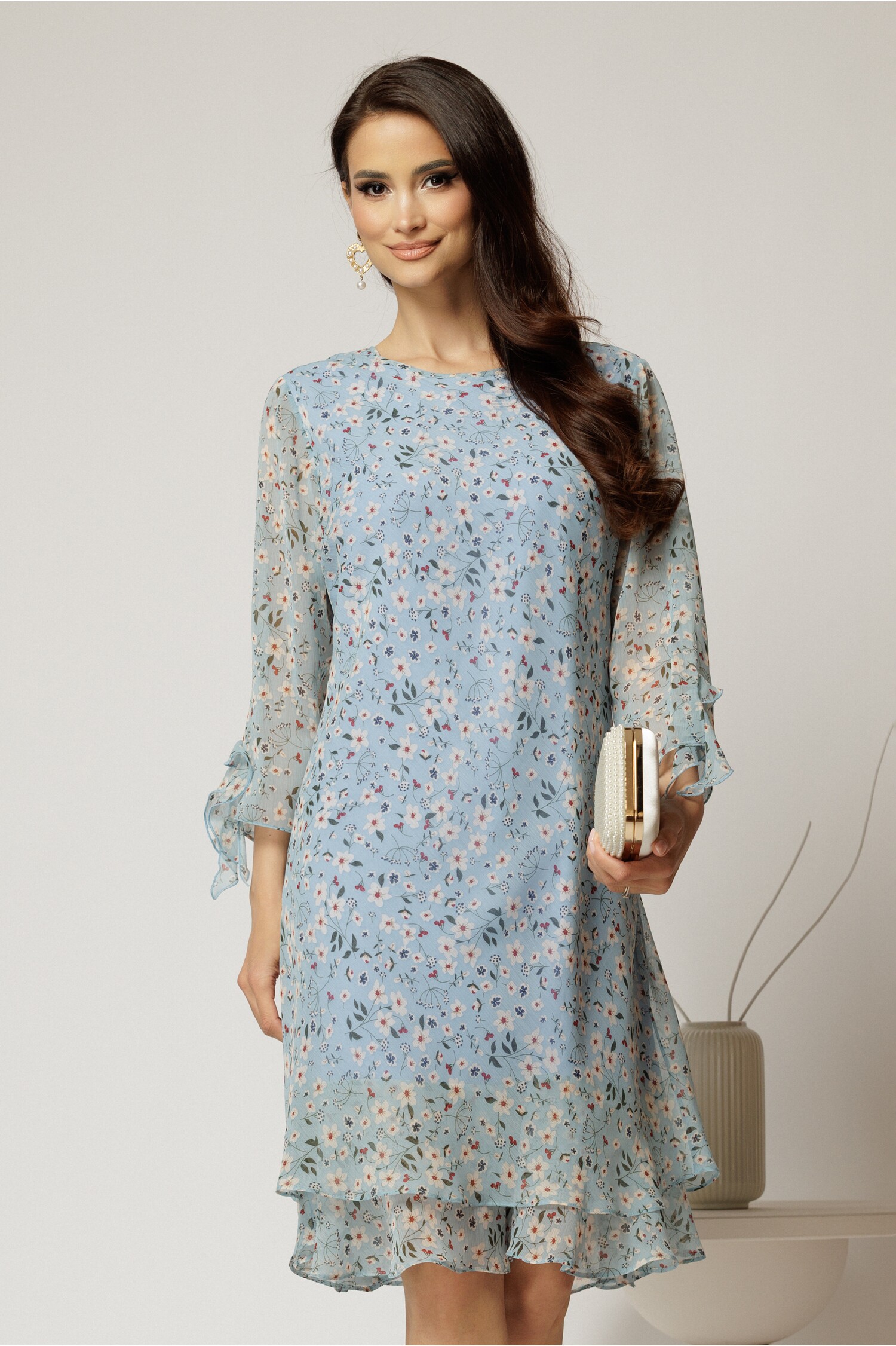 Rochie Midi Bleu Voal cu Floricele și Mâneci 3/4