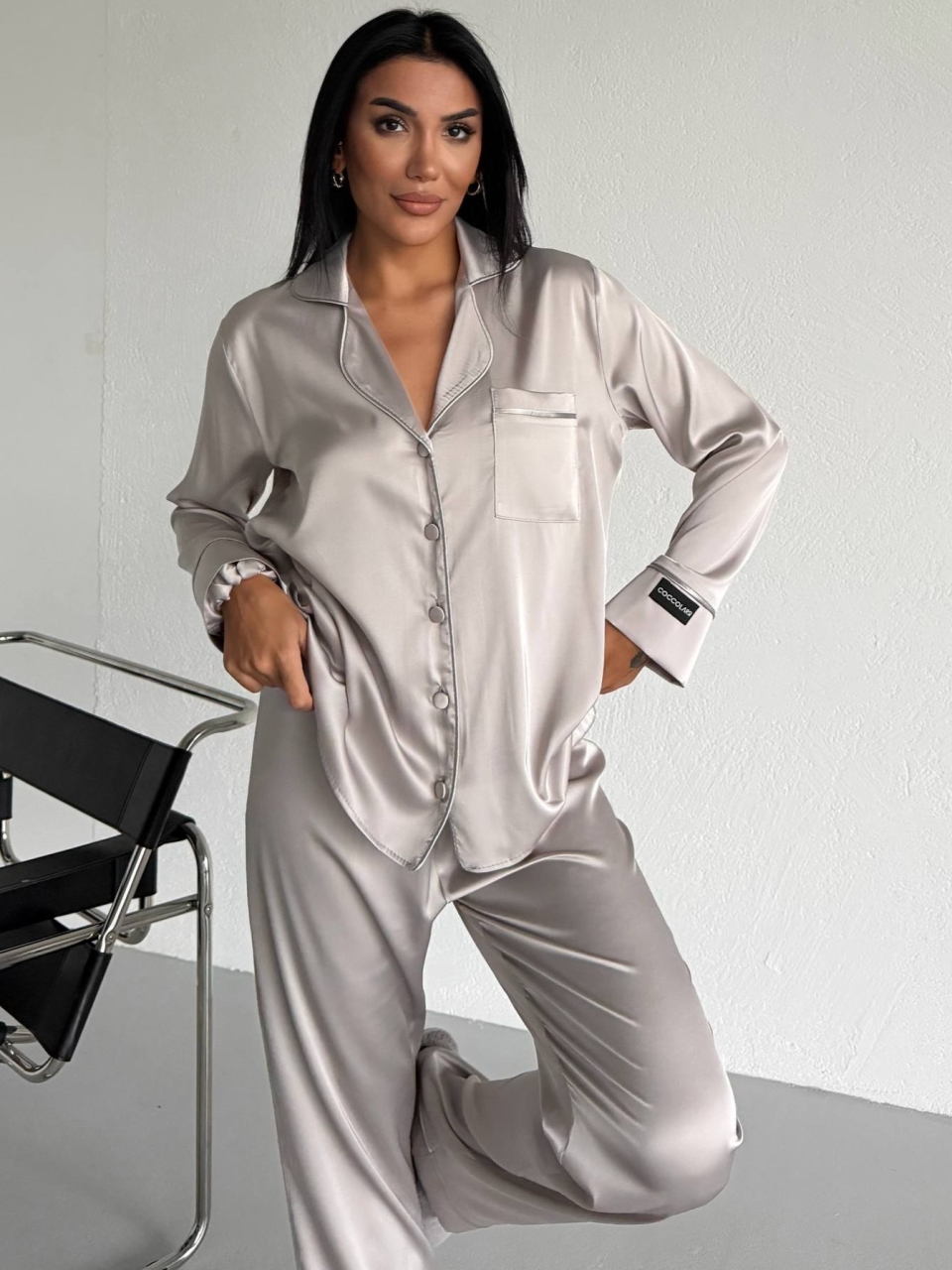 Pijama Delis 2 piese Gri, aspect satin - imagine 7