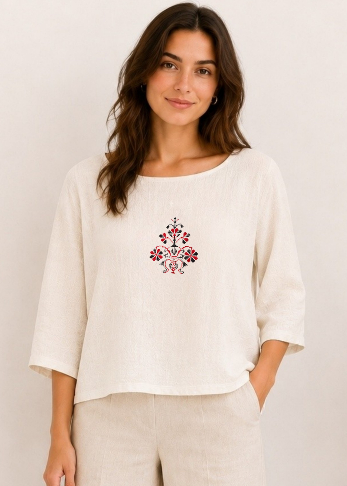 Bluza din bumbac cu broderie inspiratie etno - Pom transilvan- Marime M