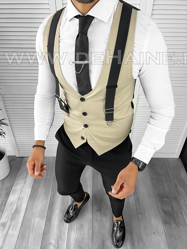 Vesta Barbati Eleganta Slim Fit Bej Bumbac