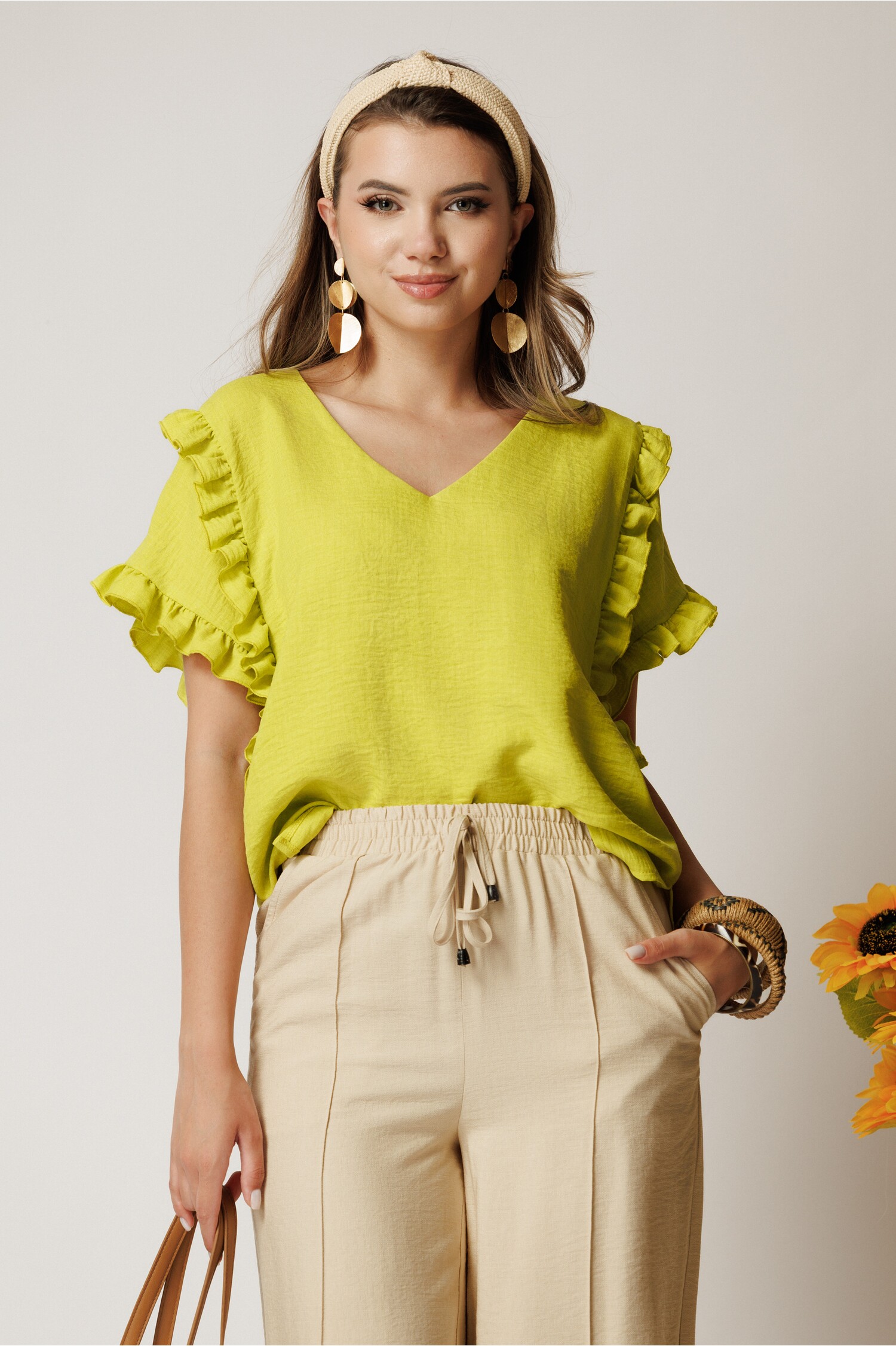 Bluza Verde Lime Vaporoasă cu Volane - Casual