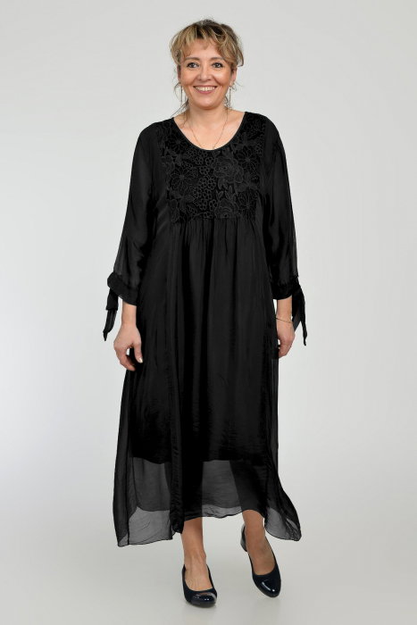 Rochie neagră lungă Shopika cu mătase și dantelă