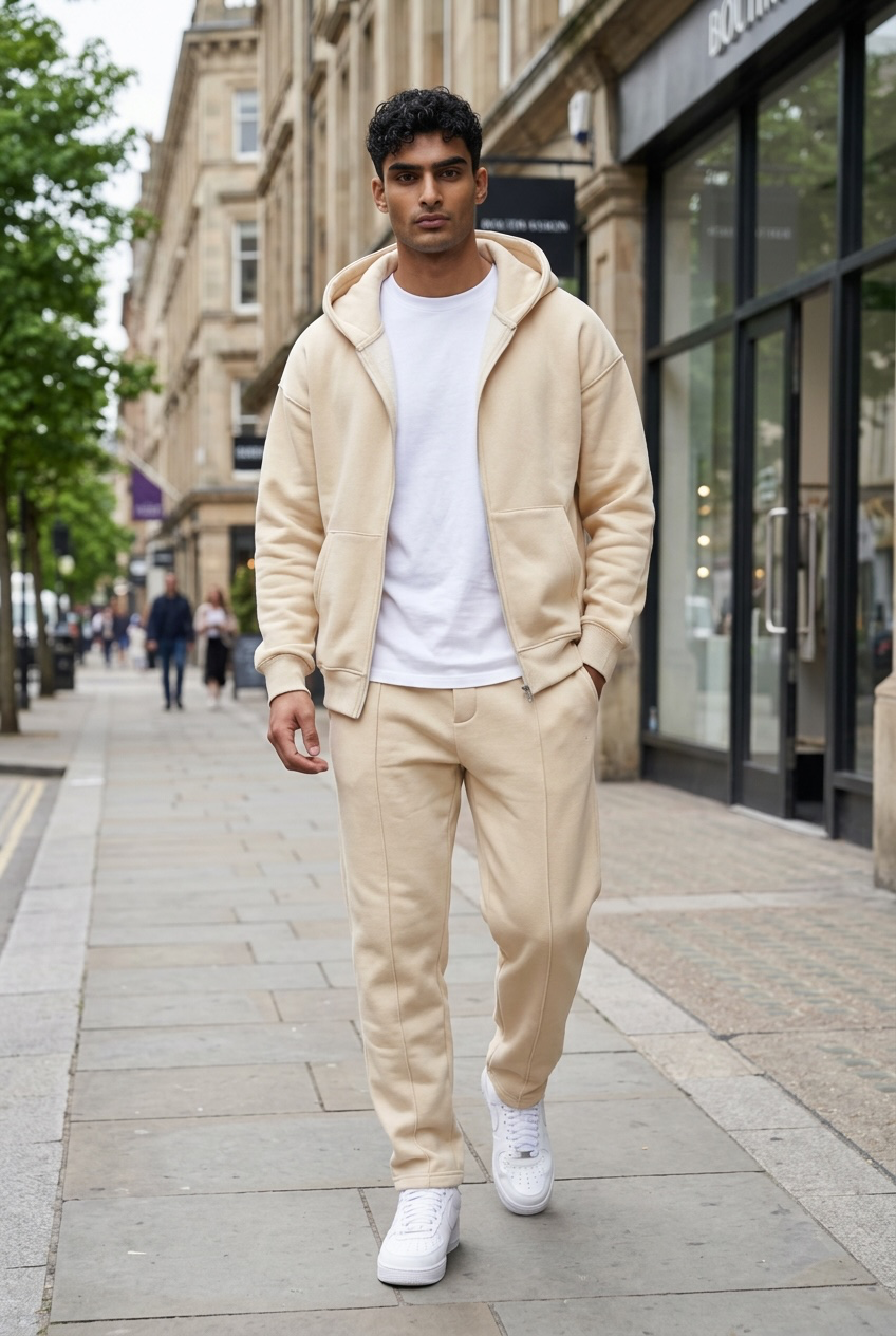 Trening barbati slim fit bej Pantaloni + Hanorac vu mic defect defk059  D2-4.3