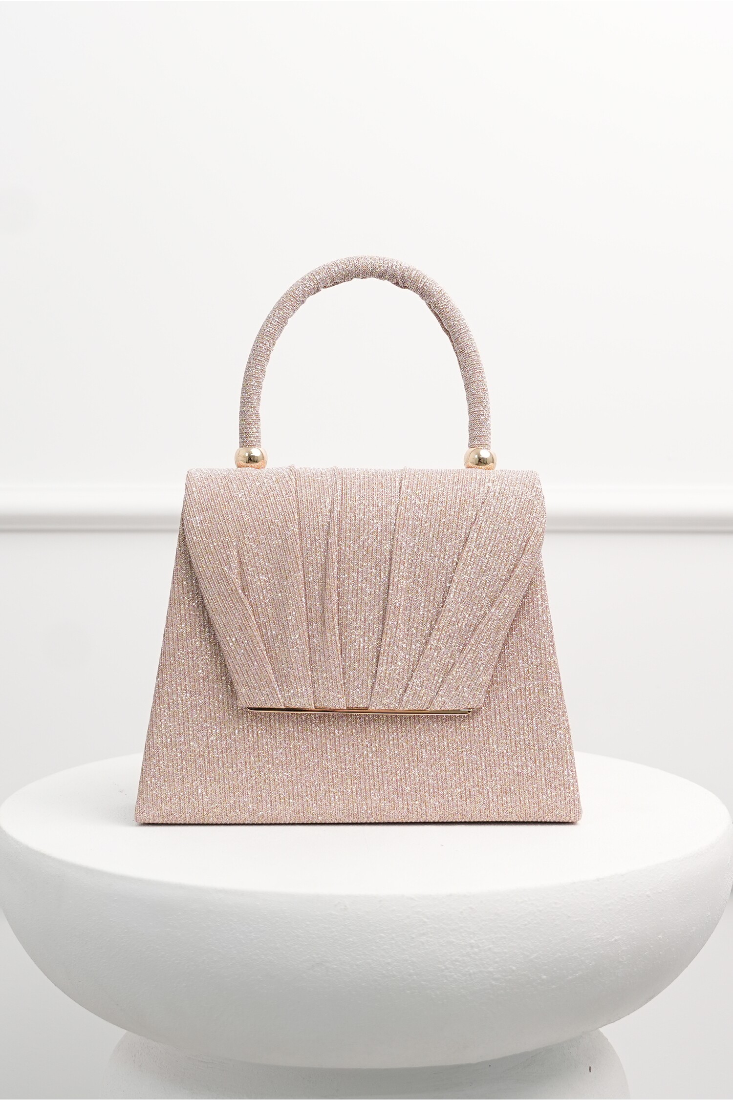 Genți Clutch Glitter Plisate cu Maner Rotund