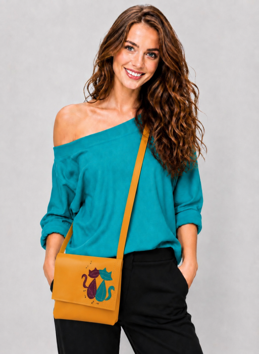 Geanta crossbody handmade, cu note muzicale si pisicute colorate  ,din piele naturala galbena