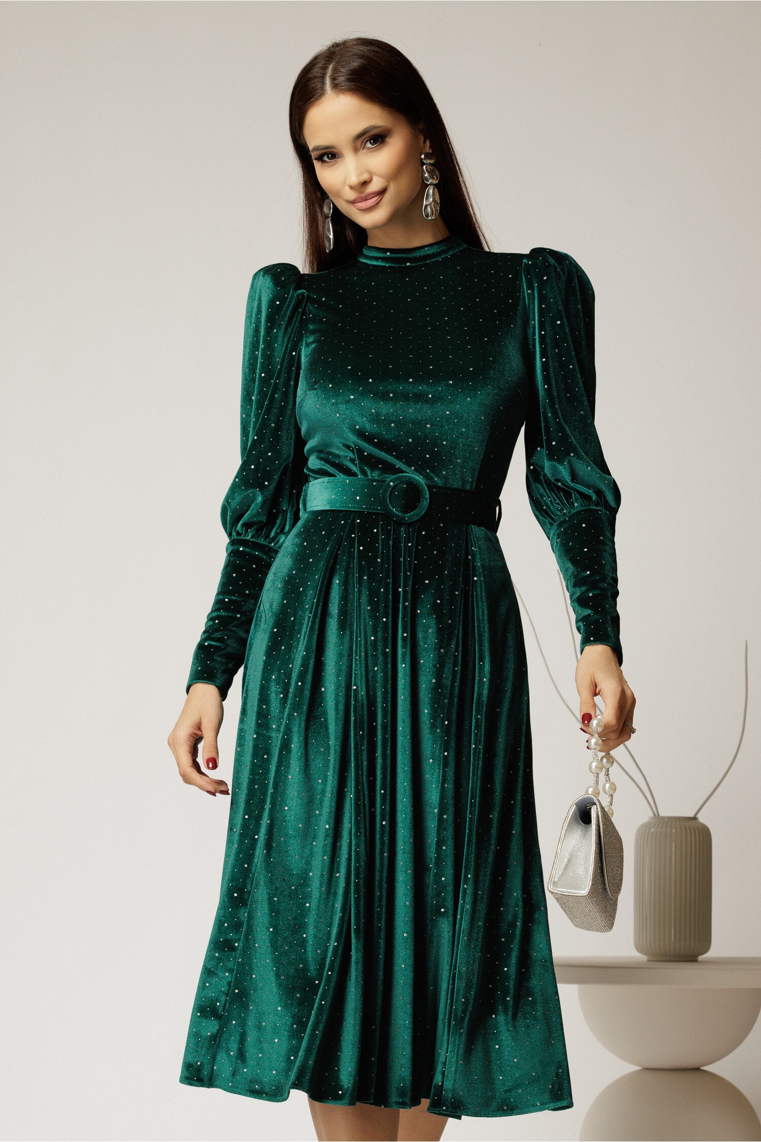Rochie DY Fashion Catifea Verde cu Glitter