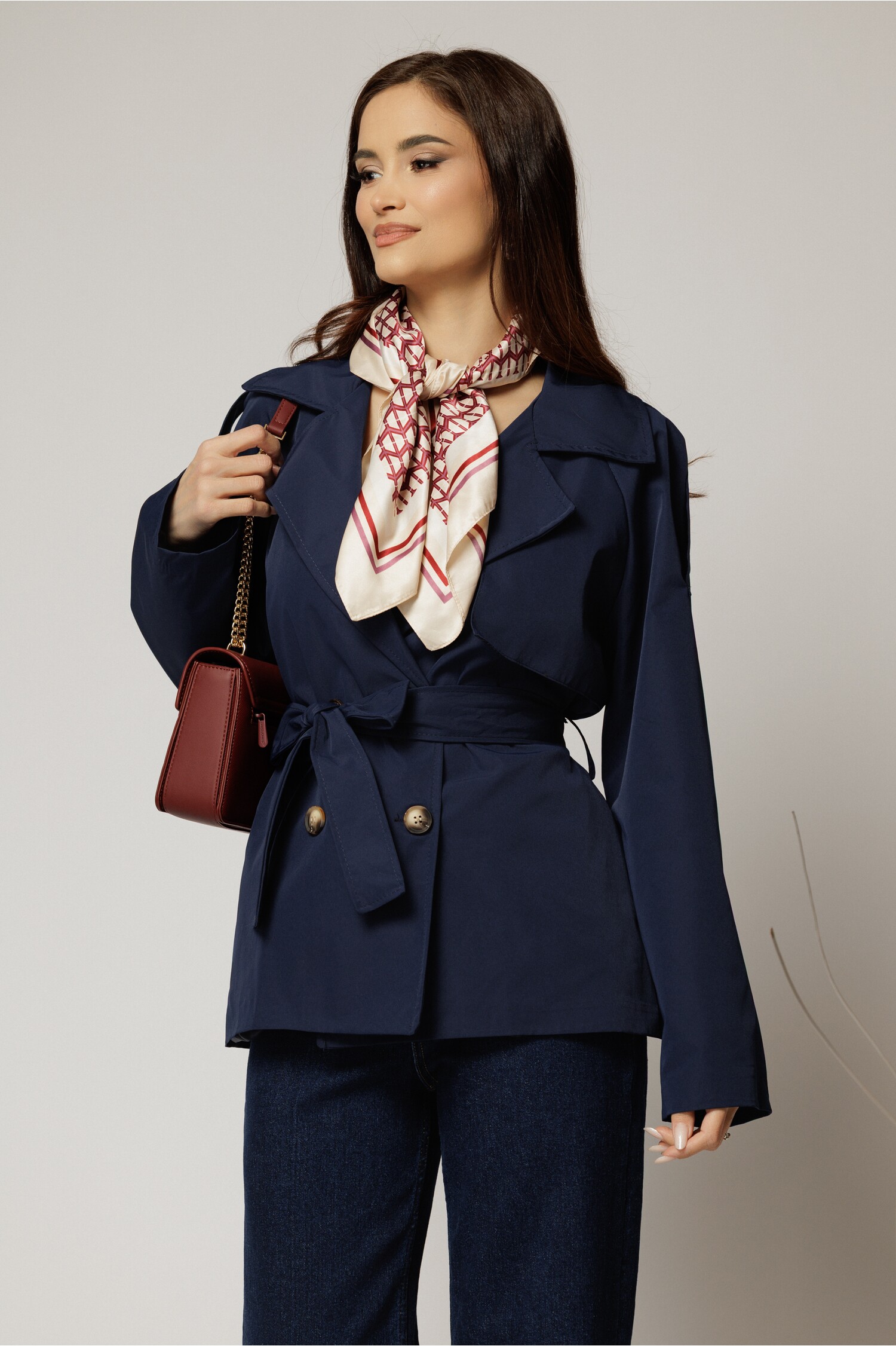 Trench Scurt Bleumarin cu Cordon - Elegant Casual