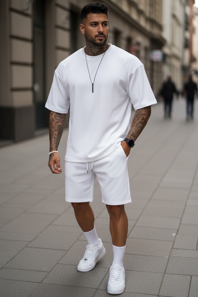 Compleu Vară Alb Bărbătesc Tricou + Pantaloni - imagine 2