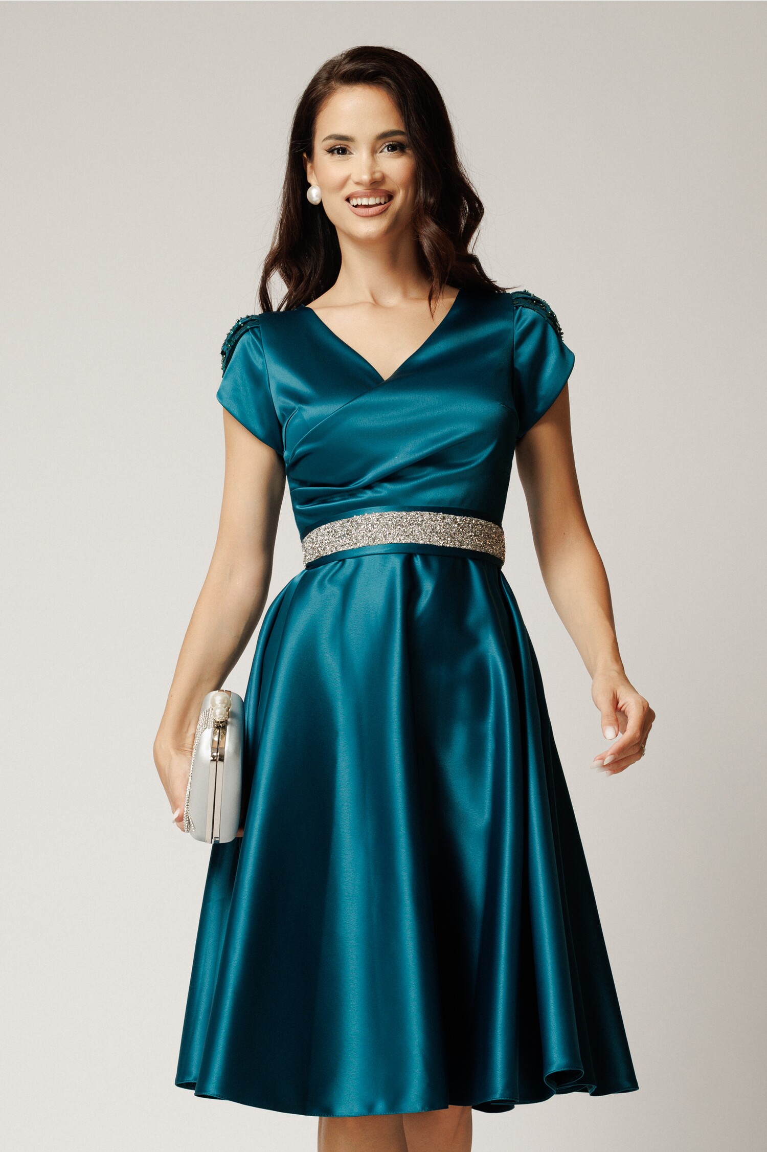 Rochie Eleganta Midi Verde Petrol cu Paiete