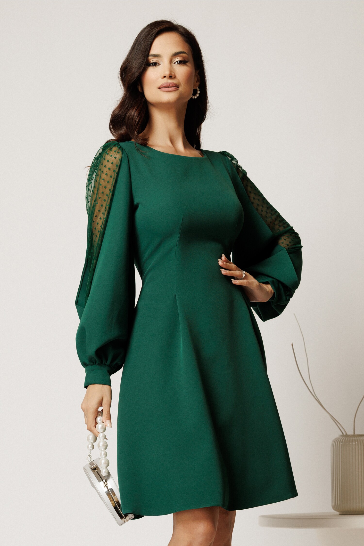 Rochie DY Fashion Verde Eleganta cu Maneci Tull