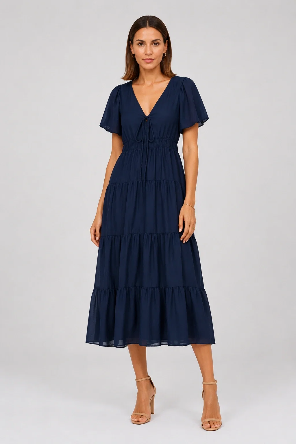 Rochie lunga din batist de bumbac cu volane si decolteu in V, bleumarin