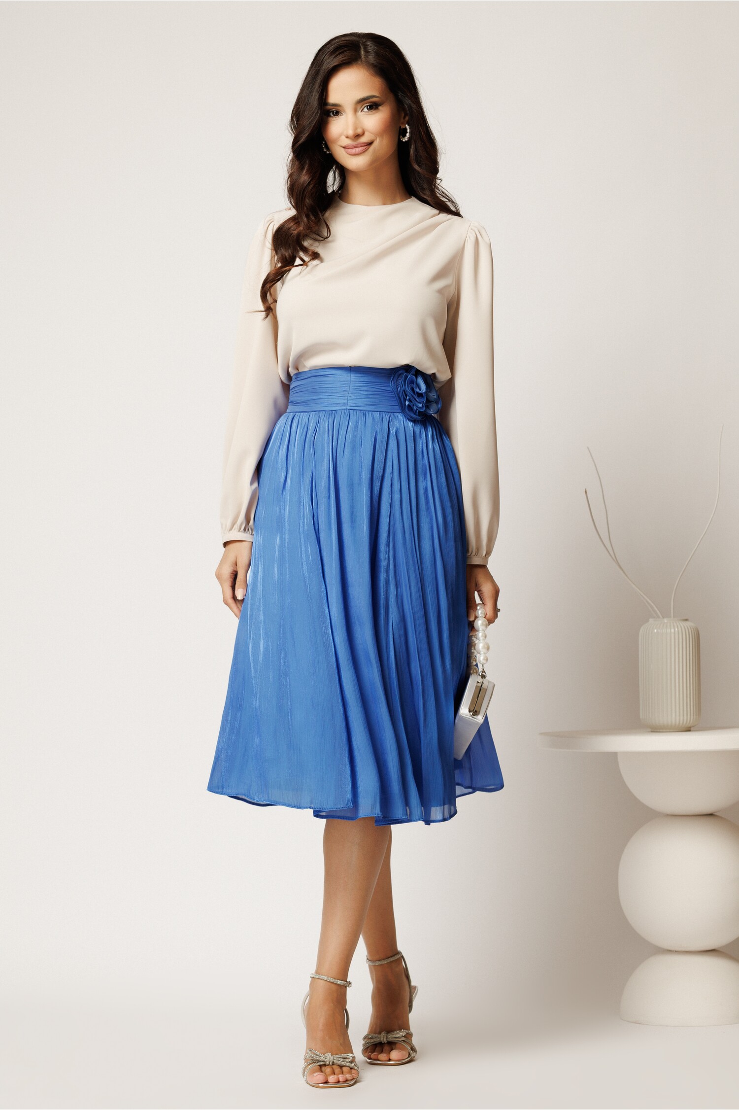 Fusta DY Fashion midi albastra cu lurex