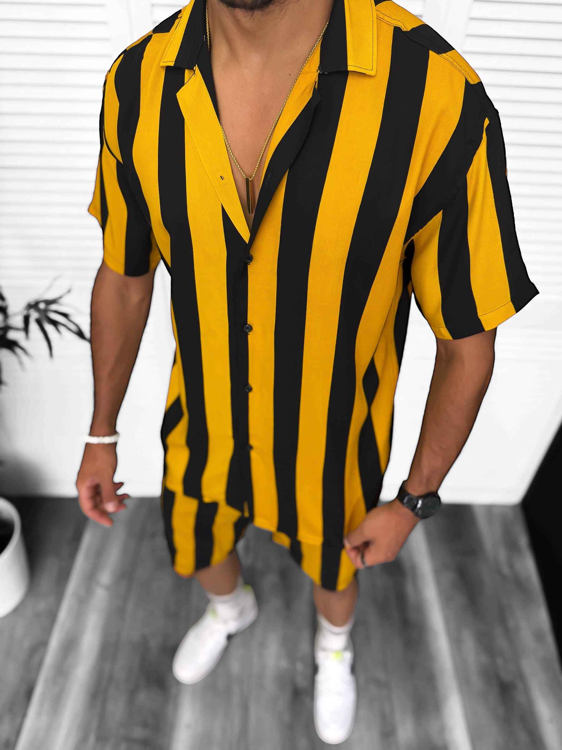 Compleu Vara Bărbați Camasă Imprimeu + Pantaloni Galben