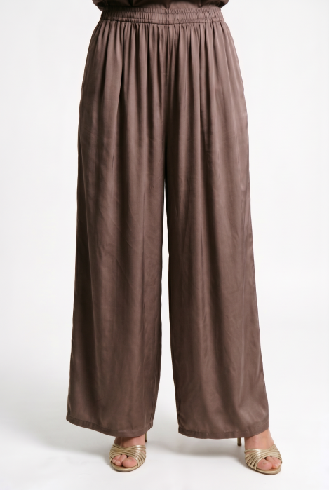 Pantaloni palazzo fluizi din matase si vascoza satinata, maro