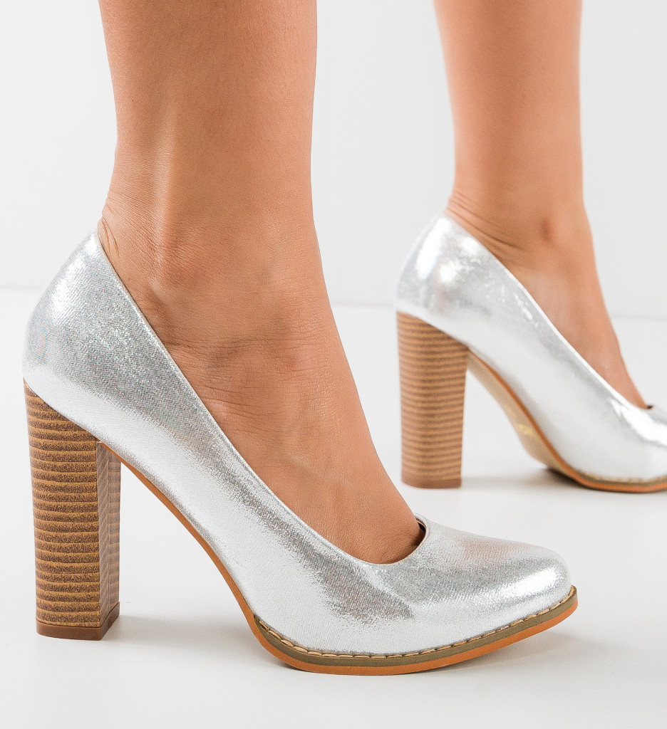 Pantofi Sulfo Argintii Eleganți cu Toc - imagine 4