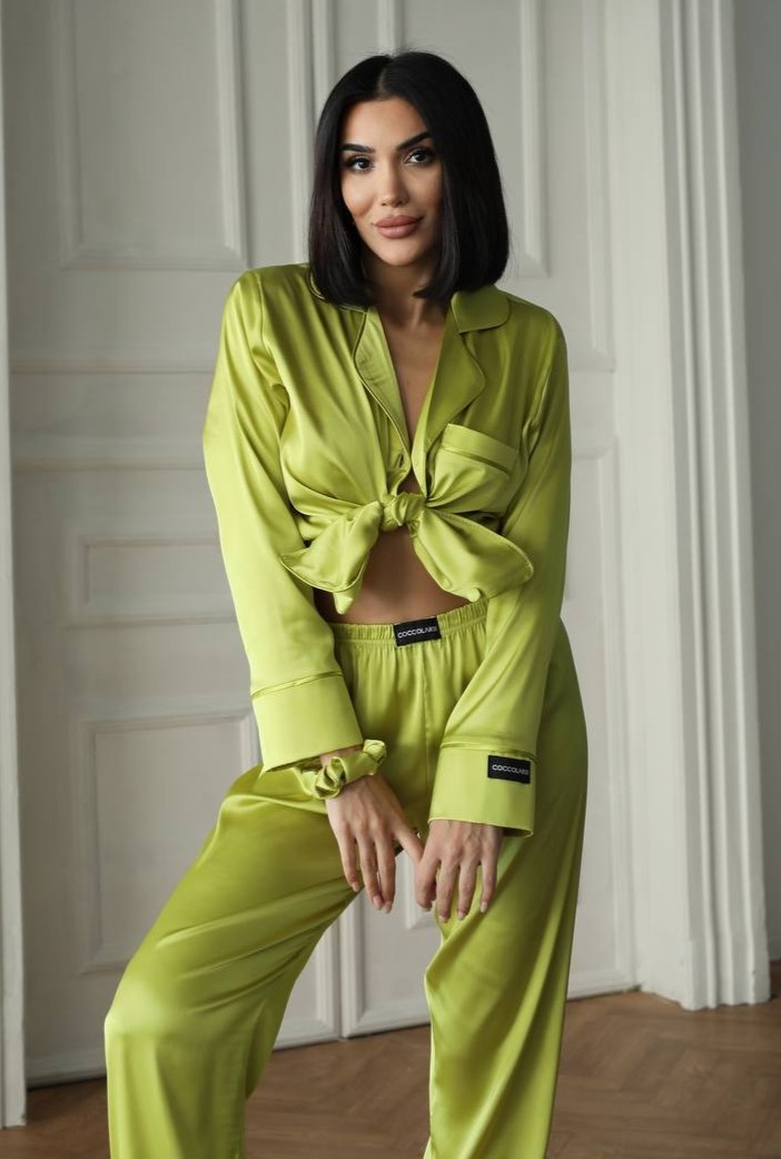 Set Pijama Dama 2 Bucati Verde Olive, Nasturi - imagine 4