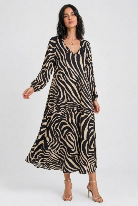 Rochie lunga din vascoza mata cu imprimeu zebra, negru-bej