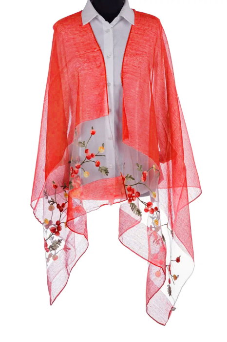 Esarfa din matase rosie, cu broderie flori pe fond transparent de organza