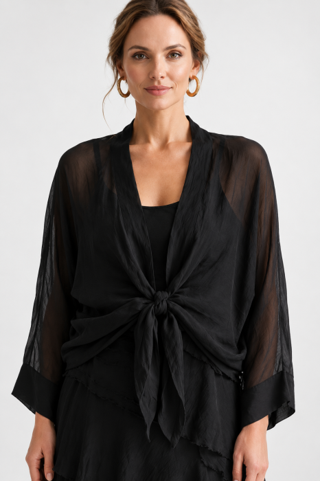 Blazer dama lejer din matase cu croi lejer si design vaporos, negru