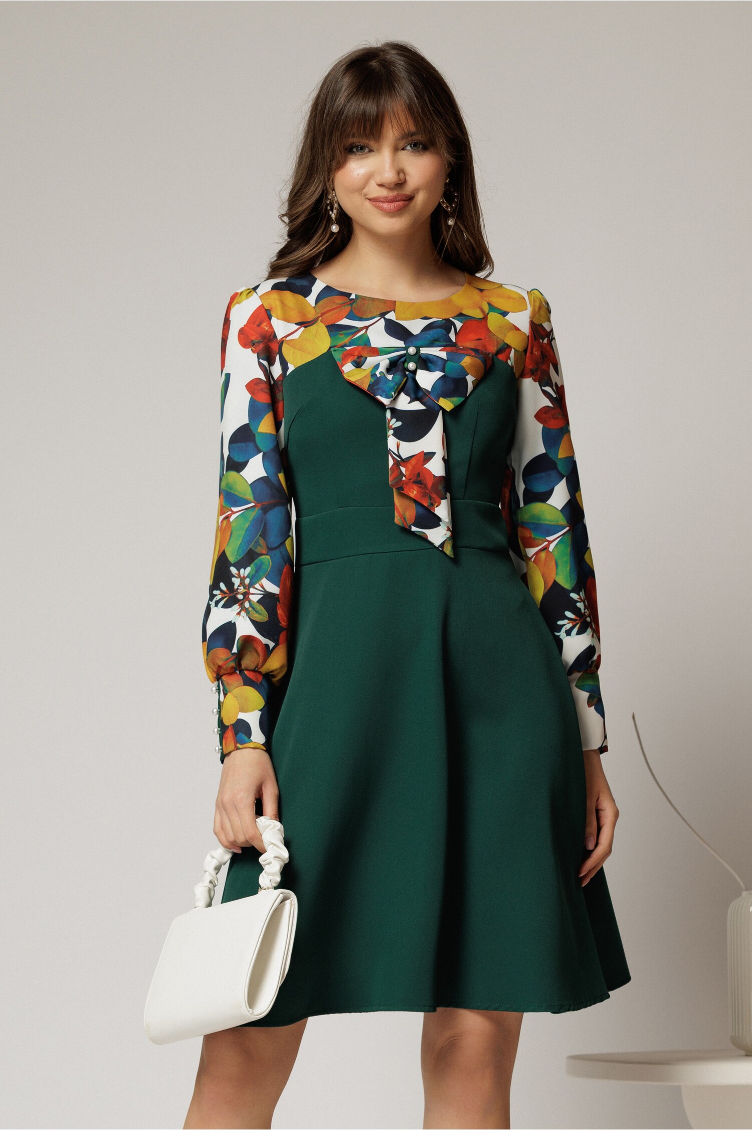 Rochie Stofa Verde cu Funda si Imprimeu