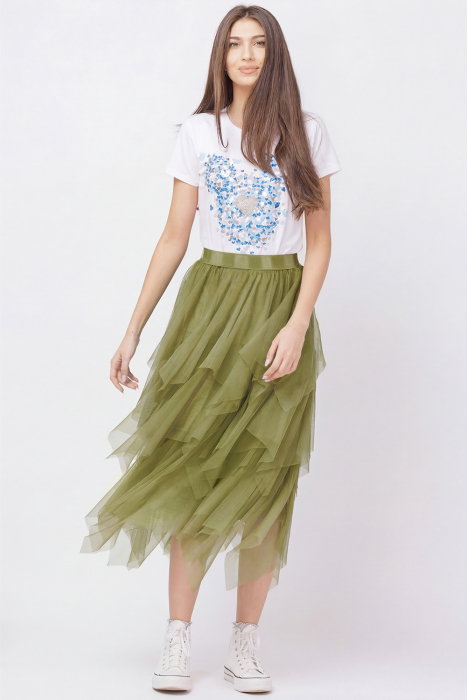 Fusta lunga tulle verde oliv Shopika
