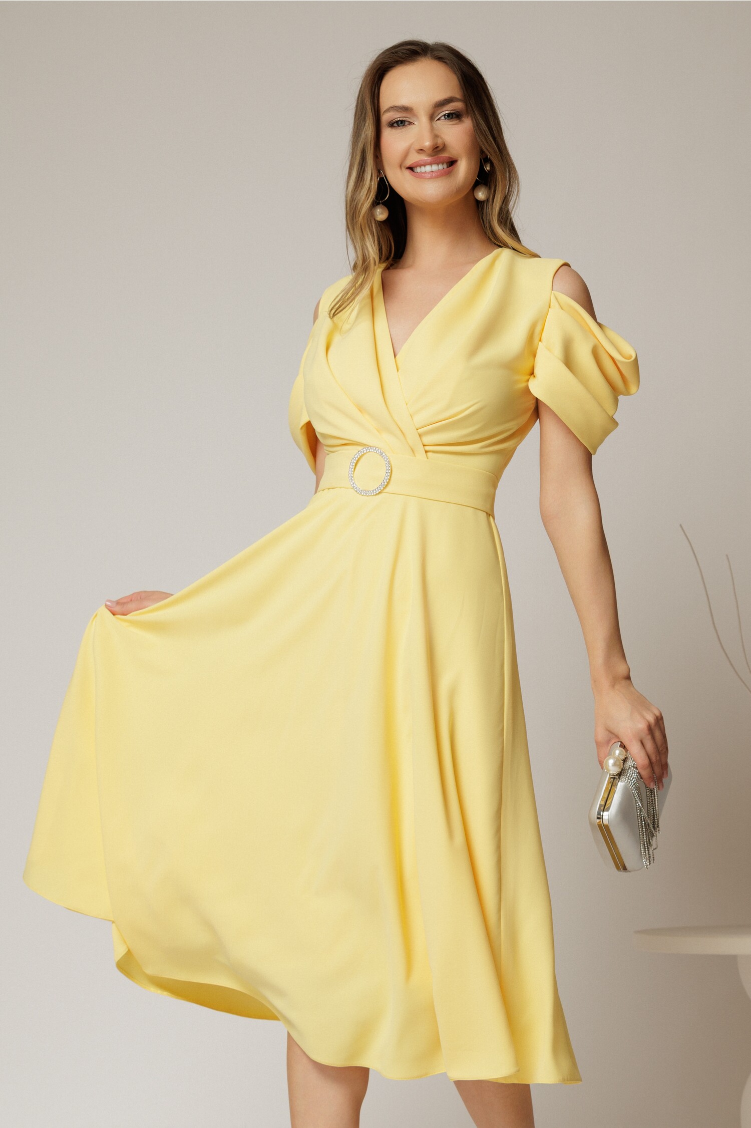 Rochie Midi Galbenă Voal Elegantă cu Cordon