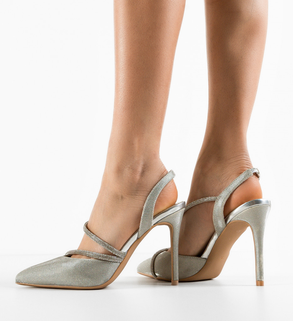 Pantofi Lemartes Argintii cu Toc Eleganți - imagine 4