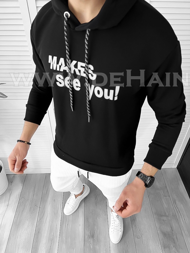 Hanorac Barbati Negru Slim Fit cu Imprimeu