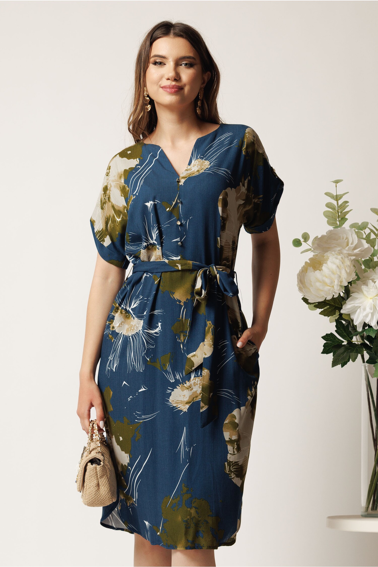 Rochie Midi Bleumarin cu Imprimeuri și Cordon