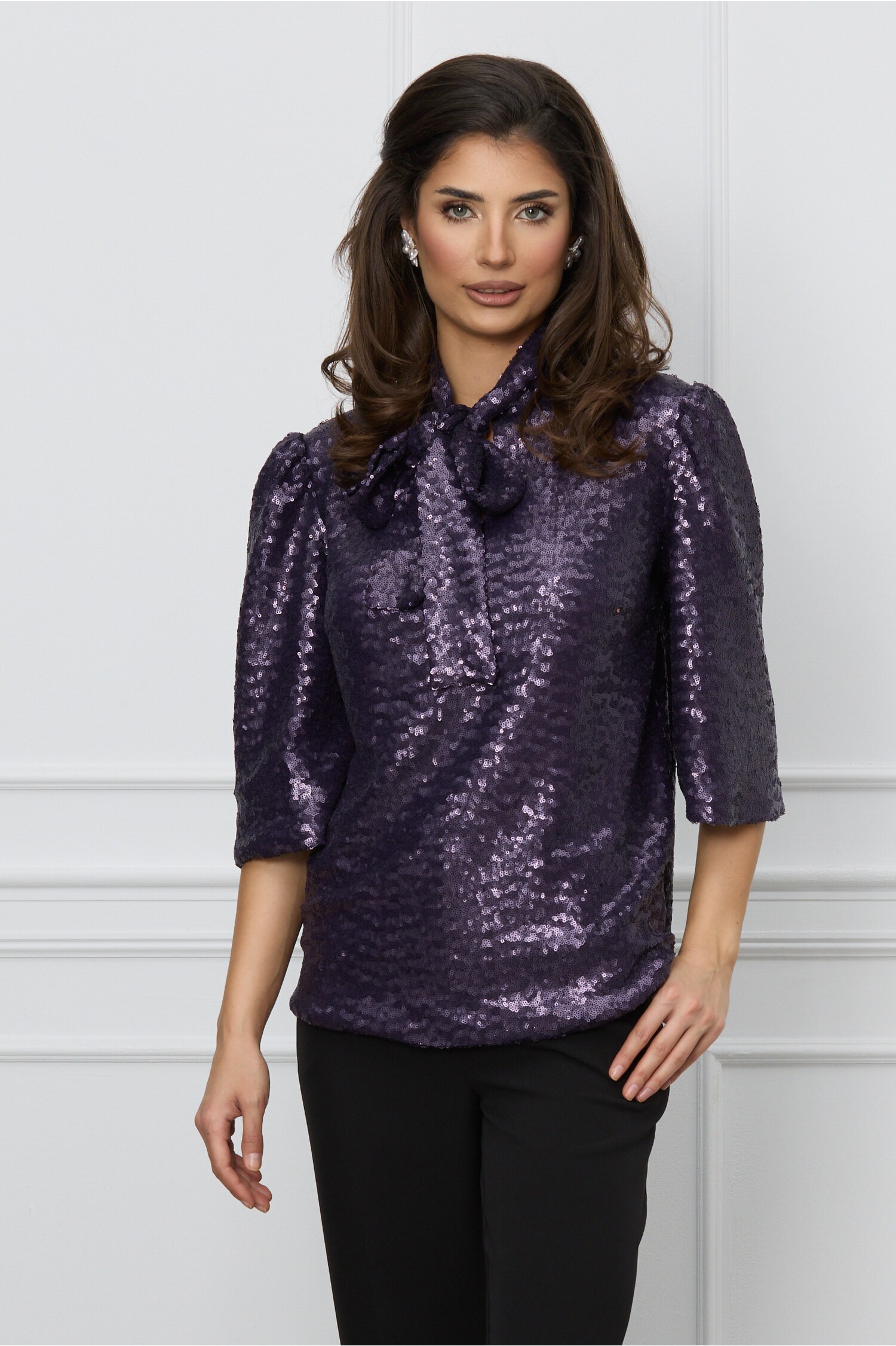 Bluza Dy Fashion Mov cu Paiete și Fundă Elegantă - imagine 1