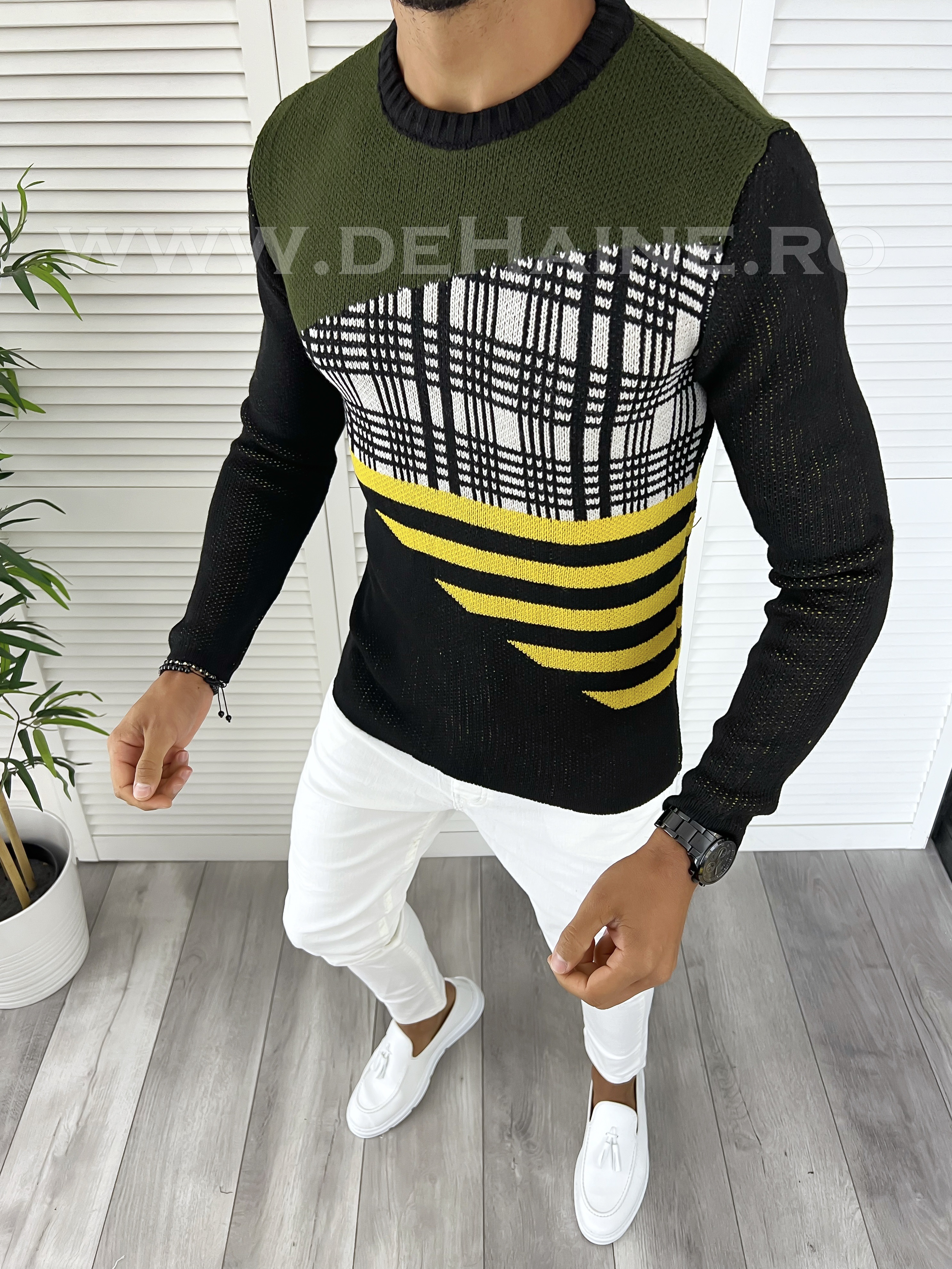 Pulover Barbati Kaki Slim Fit Elegant