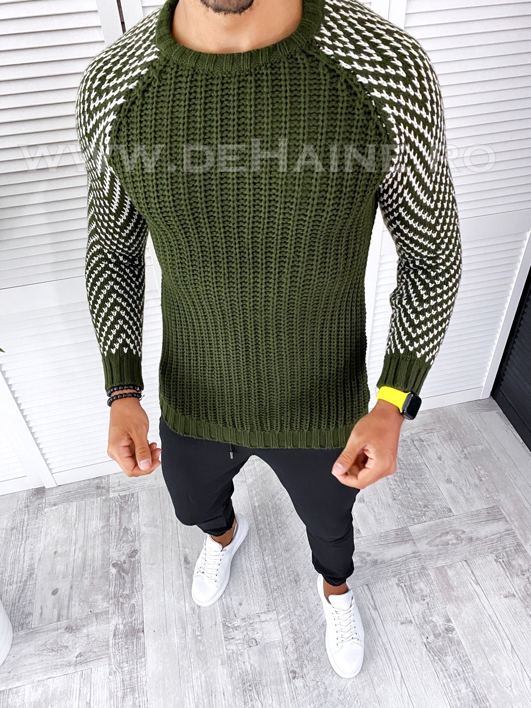 Pulover Barbati Kaki Gros Slim Fit