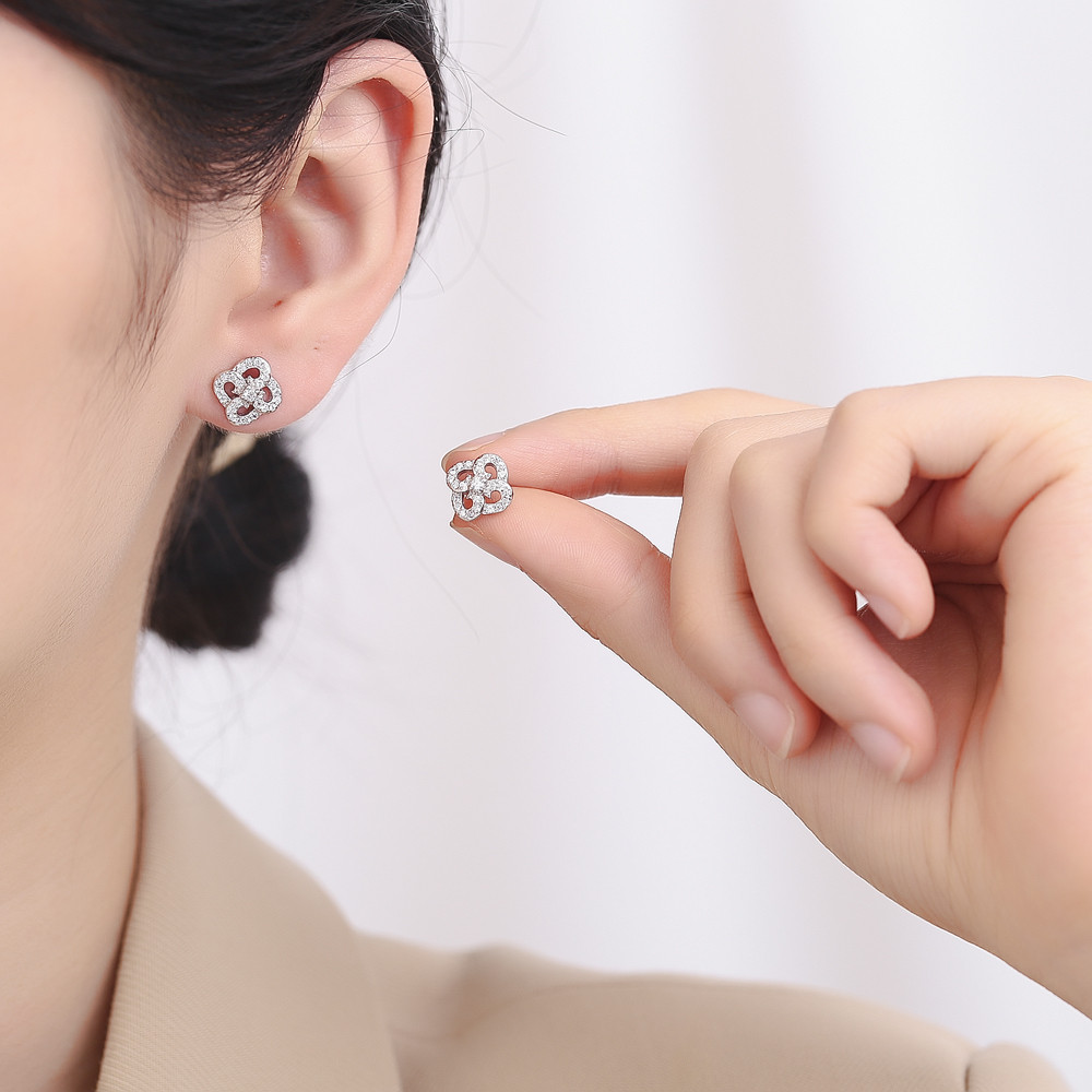 Cercei Argint Haifeng Model Floare cu Rodiu - imagine 2
