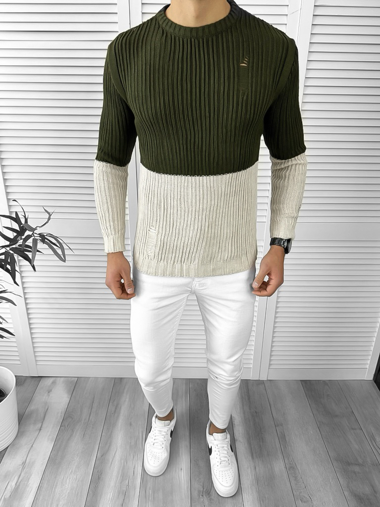 Pulover Barbati Slim Fit Kaki Elegant