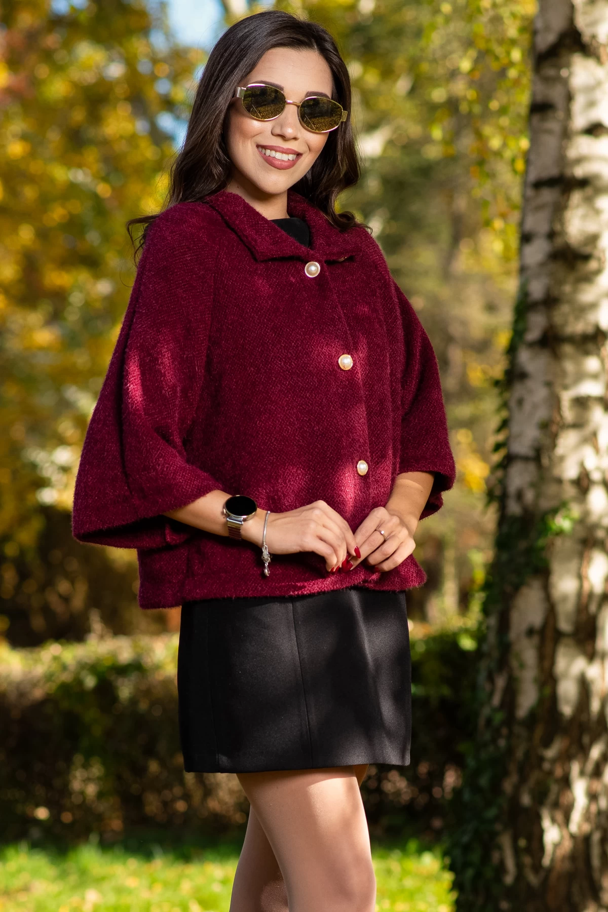 Capa Dama Inpuff Bordo Eleganta cu Nasturi Perlă - imagine 1