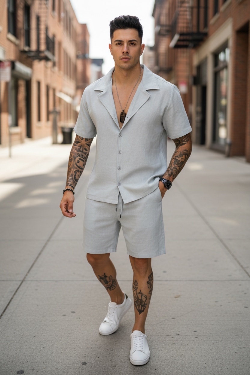 Compleu Vară Gri Bumbac Tricou + Pantaloni