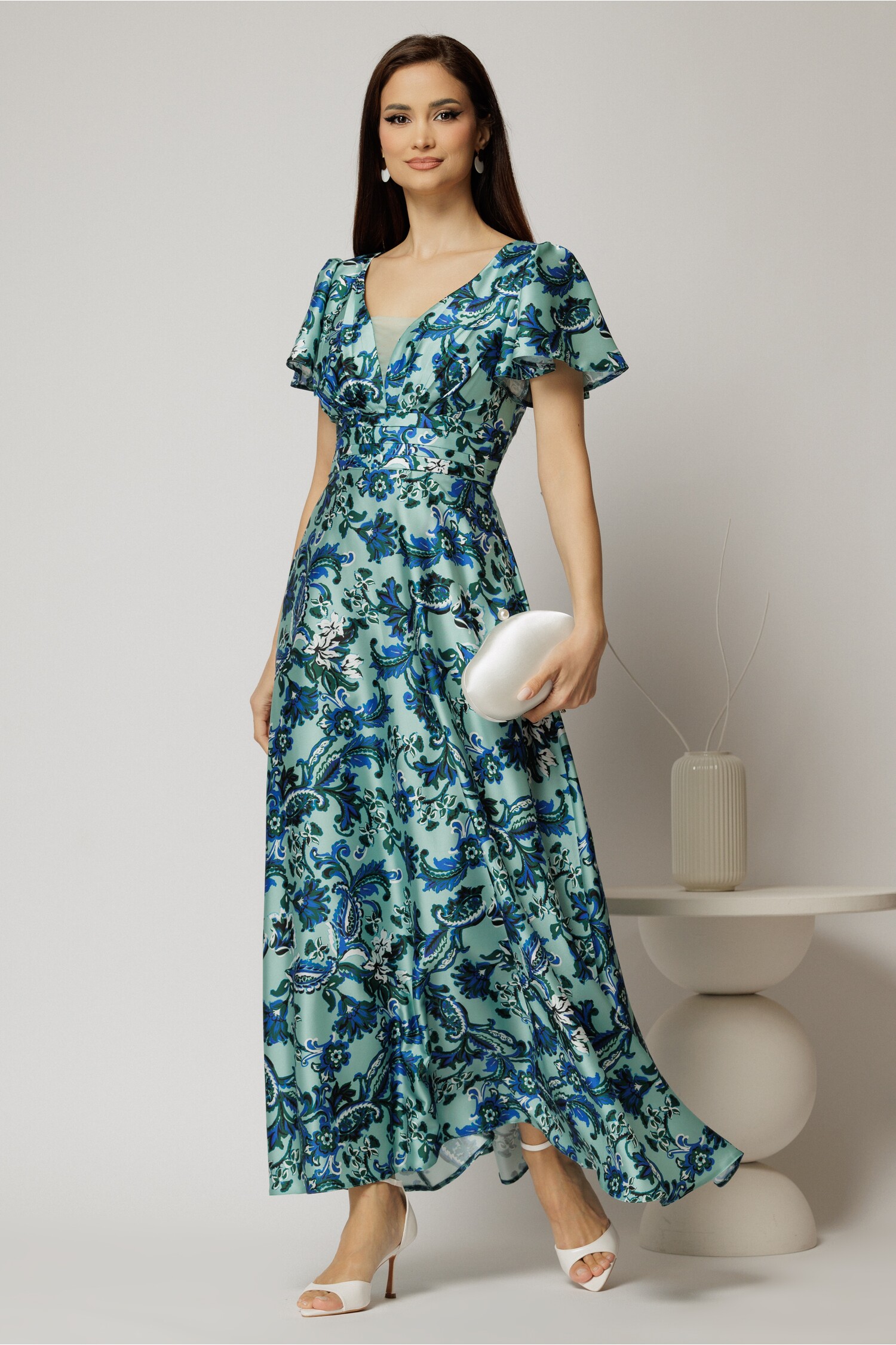 Rochie Ocazie Verde Mint Satin Imprimeuri