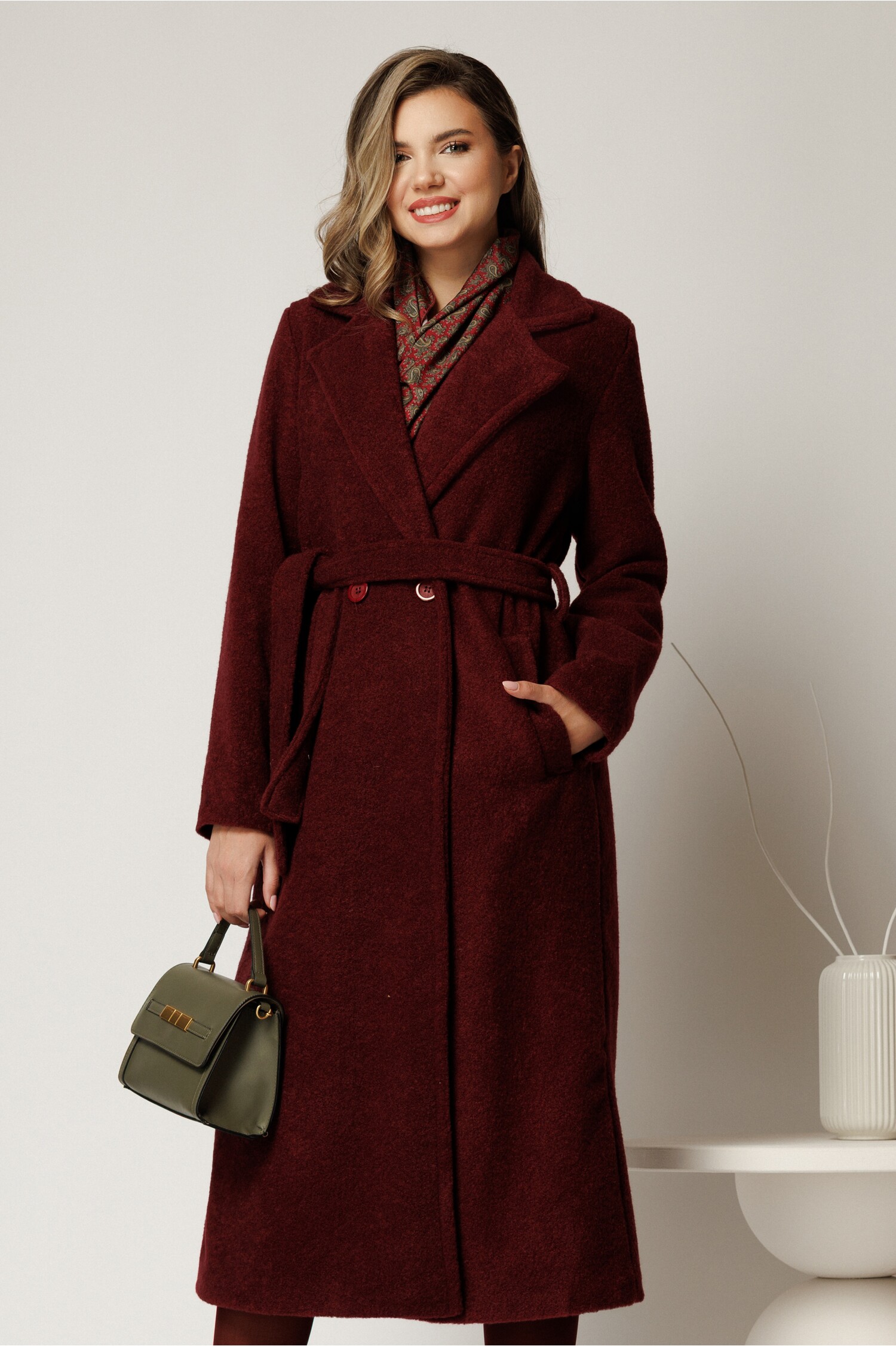 Palton Bordo Bucle Cordon Talie | Stil Eleganță