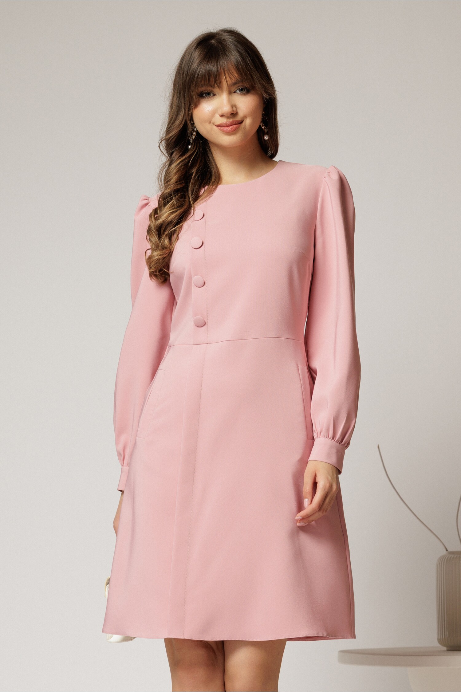 Rochie DY Fashion roz cu nasturi și fusta tip A