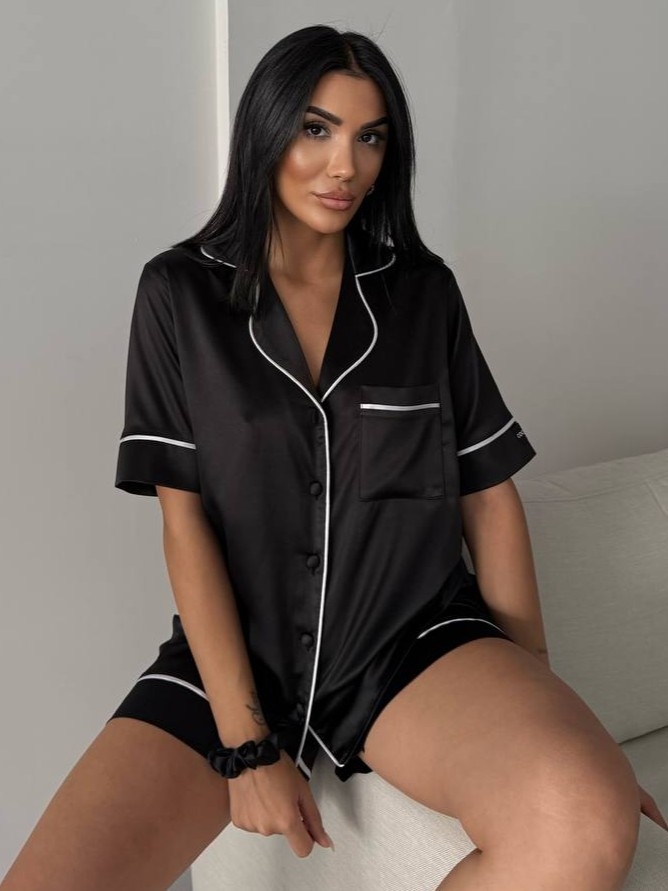 Set Pijama Damă Delis 2 Piese Negru cu Nasturi - imagine 3