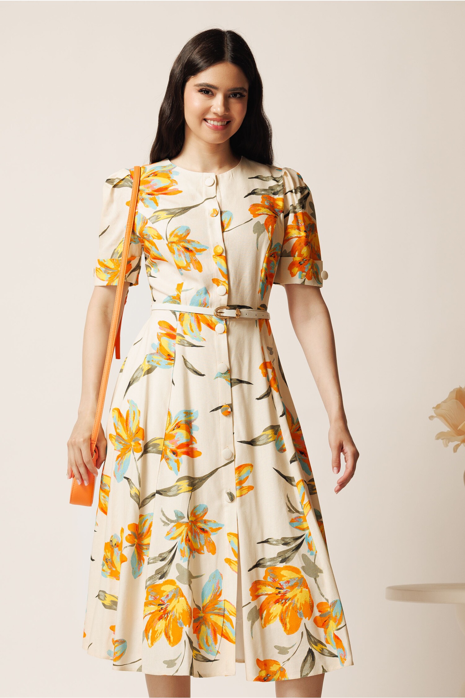 Rochie Midi Imprimeu Portocaliu | DY Fashion